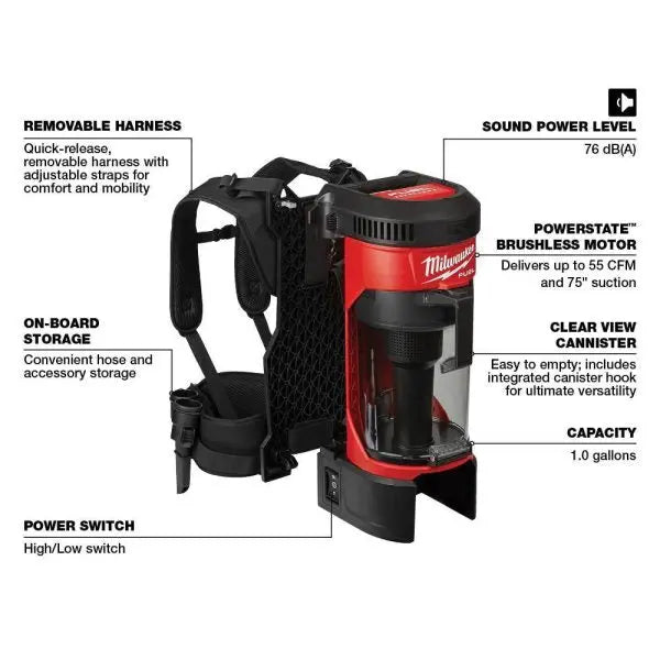 Milwaukee M18 FUEL 1-Gallon Backpack Vacuum, 3-in-1 Design, 5.0Ah Battery - 0885-20-48-11-1850