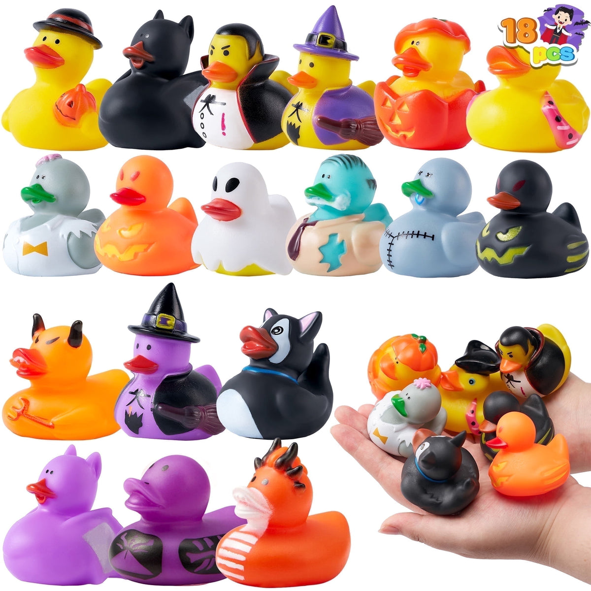 Joyfy 18 PCS Halloween Rubber Ducks for Halloween Goodie Bag Fillers, Trick or Treating Ducky Duck Bulk Toys Party Favors Supplies, Halloween Decorations for Kids Bath Toys
