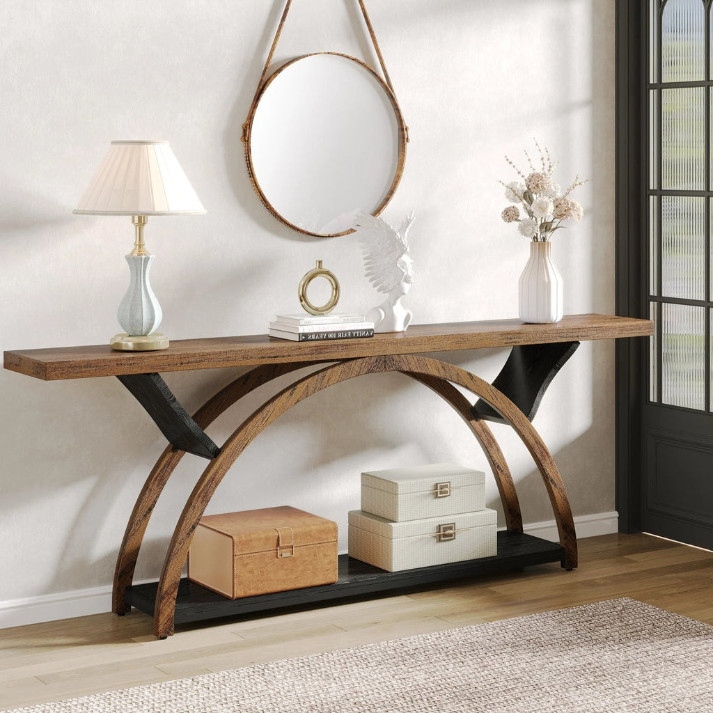 2-Tier Slim Console Sofa Table, Engineered Wood and Metal - 11.81 in D x 70.87 in W x 33.46 in H