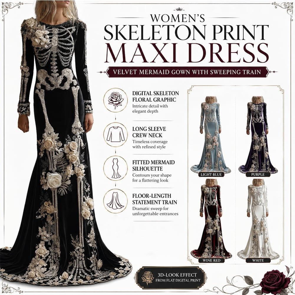 Women Skeleton Dress 3D Print Velvet Floral Long Sleeve Halloween Costumes, Skeleton Costume for Women Cosplay Party