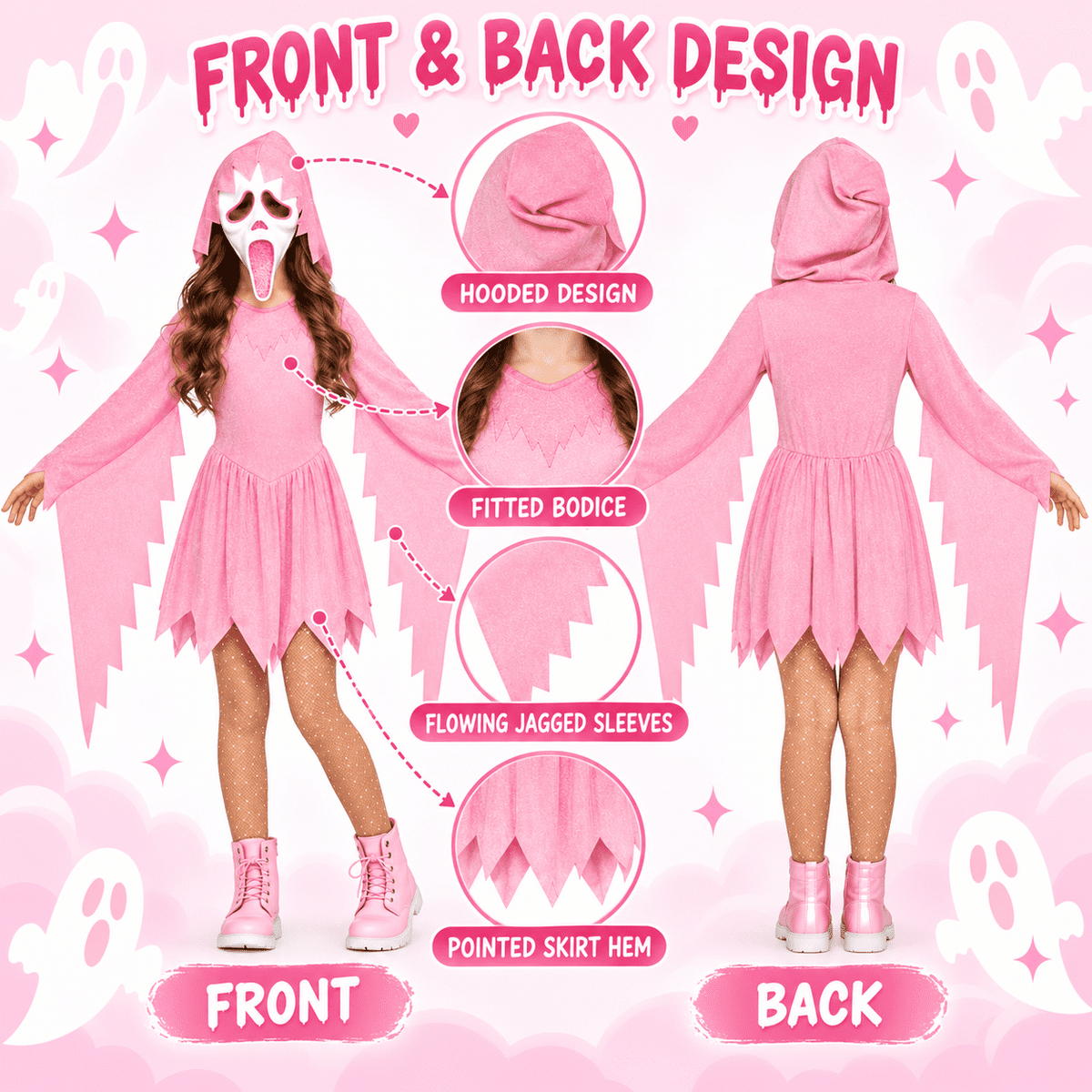 Satmonnus Pink Glitter Ghost Halloween Costume for G'irls, Hooded Ghost Costume Dress with Mask, Spooky Horror Halloween Party Cosplay Outfit for Masquerade and Themed Events
