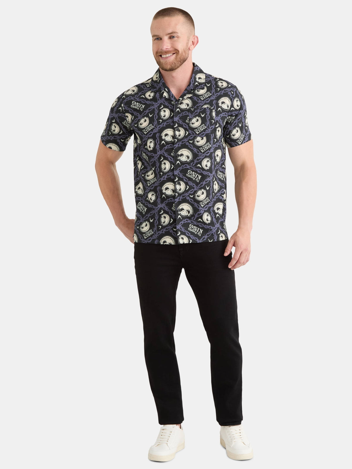 Nightmare Before Christmas Men's and Big Men's Print Button-Up Cotton Shirt with Short Sleeves, Sizes XS-3XL