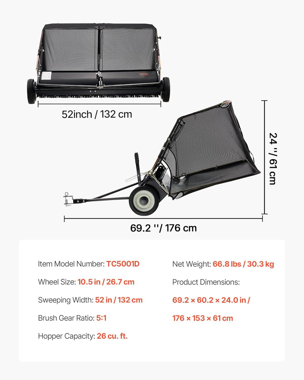 VEVOR Tow-Behind Lawn Sweeper, 52 in, 26 cu.ft.