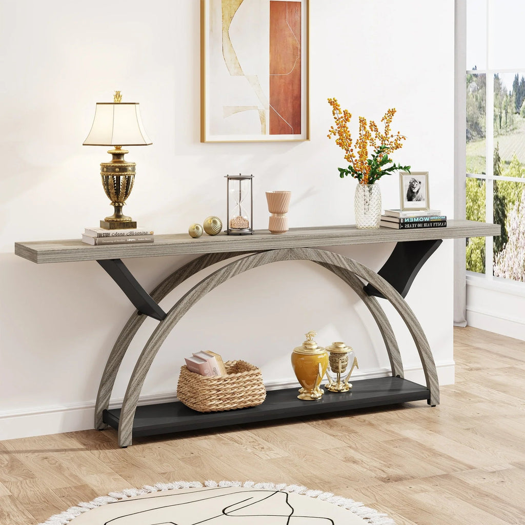 2-Tier Slim Console Sofa Table, Engineered Wood and Metal - 11.81 in D x 70.87 in W x 33.46 in H
