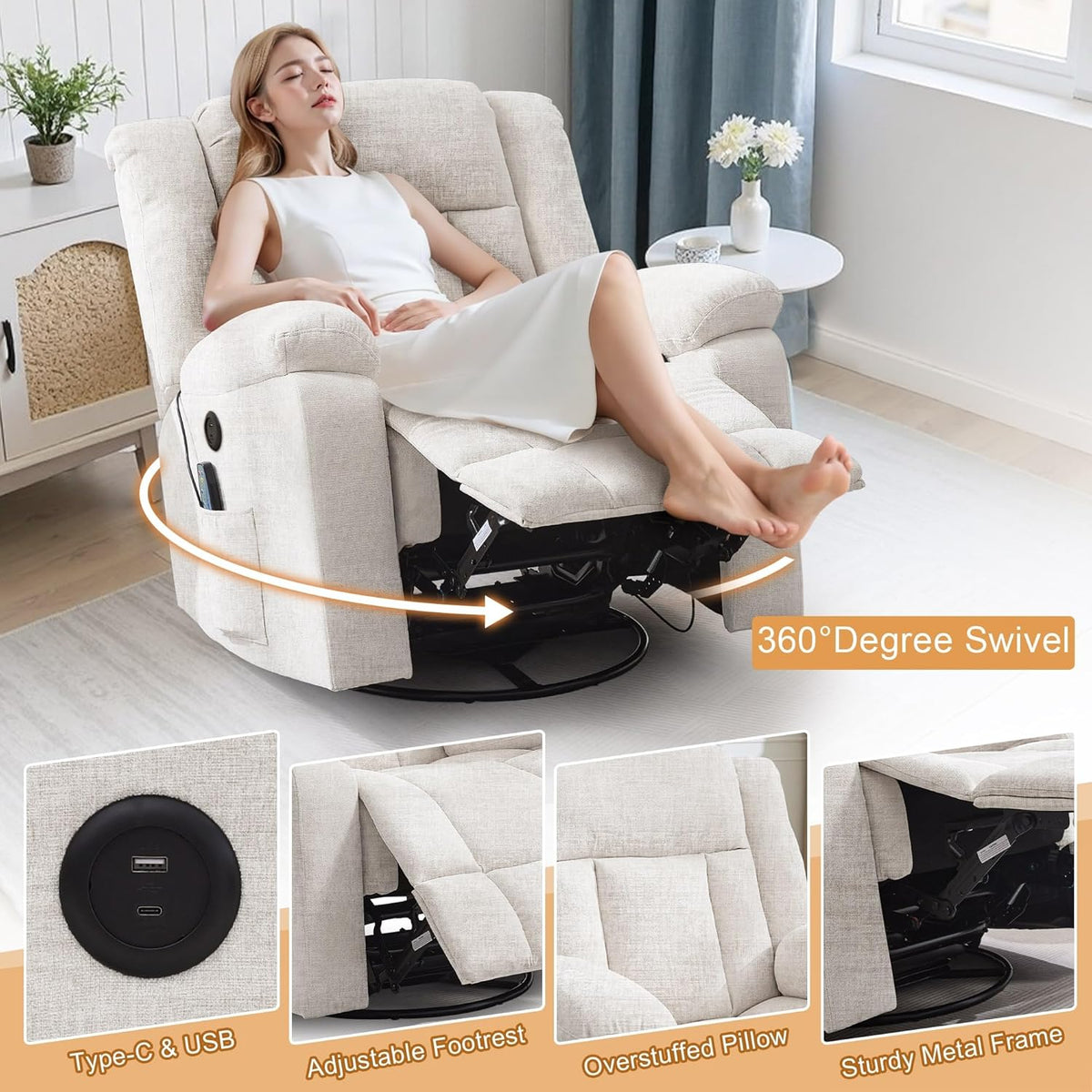 Korser Swivel Rocker Recliner Chair With Massage, Heating, USB Charging And Storage