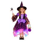 G`irls Purple Themed Dress Set, Kids Halloween Outfit with Witch Hat, Star Wand and Candy Pouch for Party Dress Up