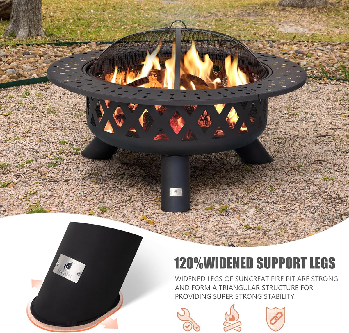 SUNCREAT 42-Inch Wood Burning Patio Fire Pit, Black, 42.1 Inch Diameter x 25.2 Inch High