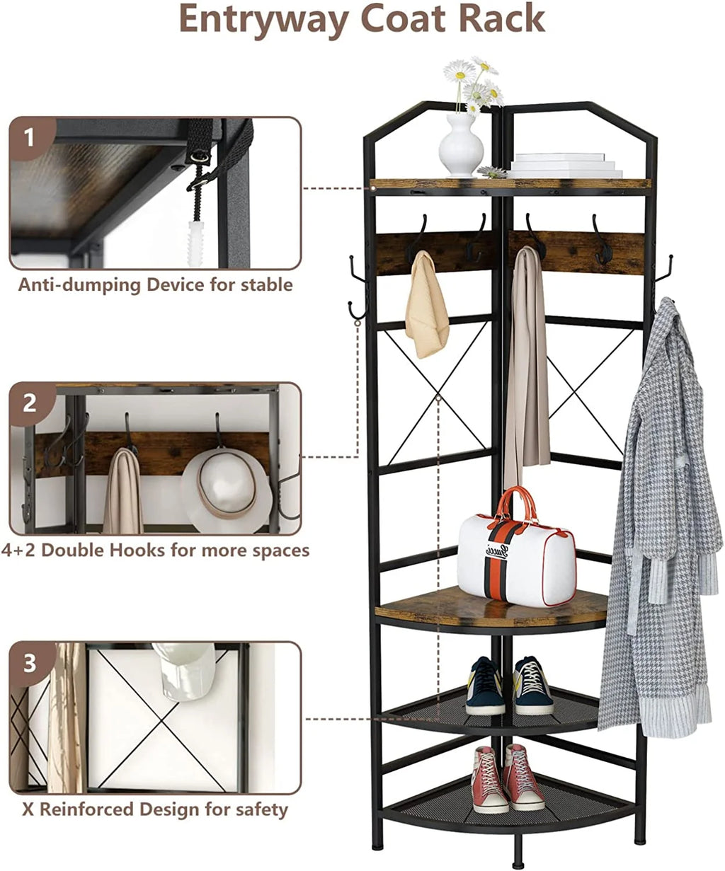 Corner Coat Rack Hall Tree With Shoe Bench, 6 Metal Hooks, Rustic Brown And Black, 17.72in x 17.72in x 72.05in