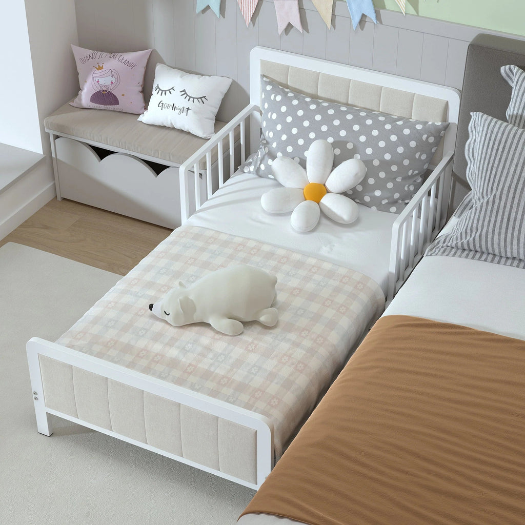 Yoneston Toddler Metal Platform Bed Frame With Guardrails And Upholstered Headboard - White