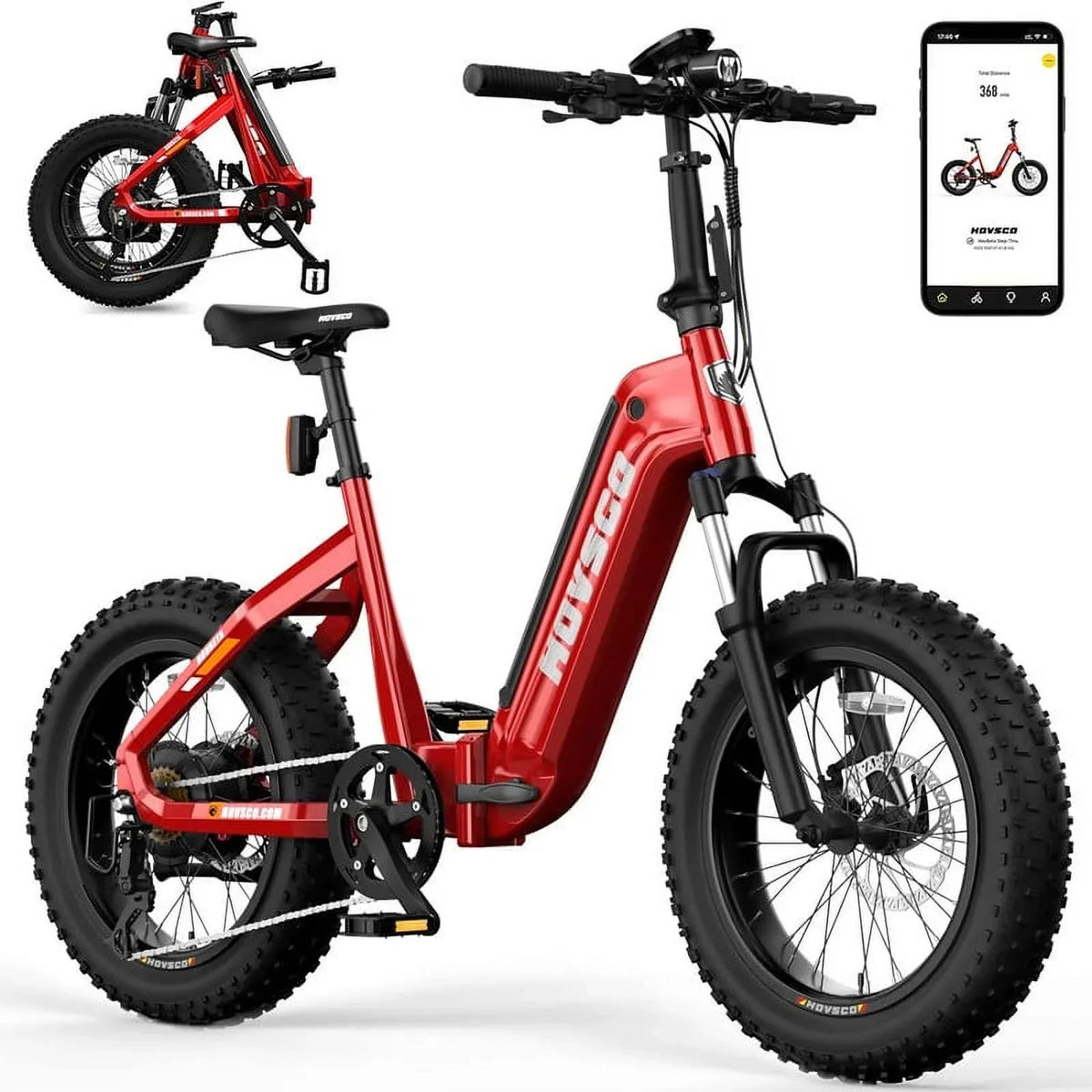 HOVSCO Folding Electric Bike, 750W Step-Thru 20 Inch Fat Tire Ebike, 28 MPH, 48V 15Ah Removable Battery, Red