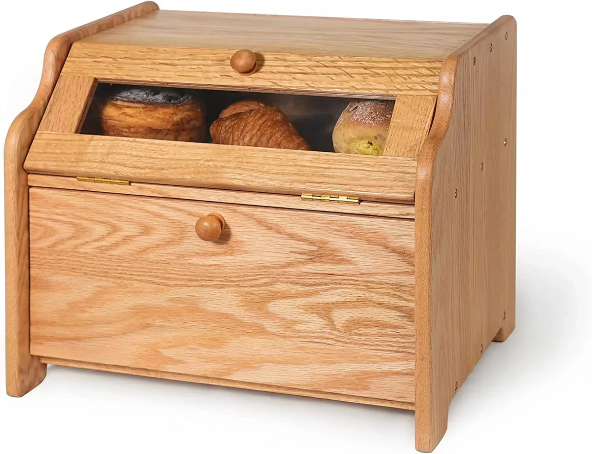 Solid Wood Oak Bread Box, Double Layer, Large Capacity, Clear Window - Nature