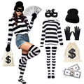 7Pcs Bank Robber Costume for Women, Burglar Outfit with Striped Shirt for Halloween Cosplay
