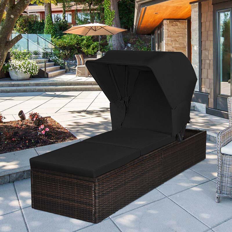 Cushioned Rattan Outdoor Chaise Lounge Chair With Folding Canopy, Flip-Up Tea Table And 5 Positions