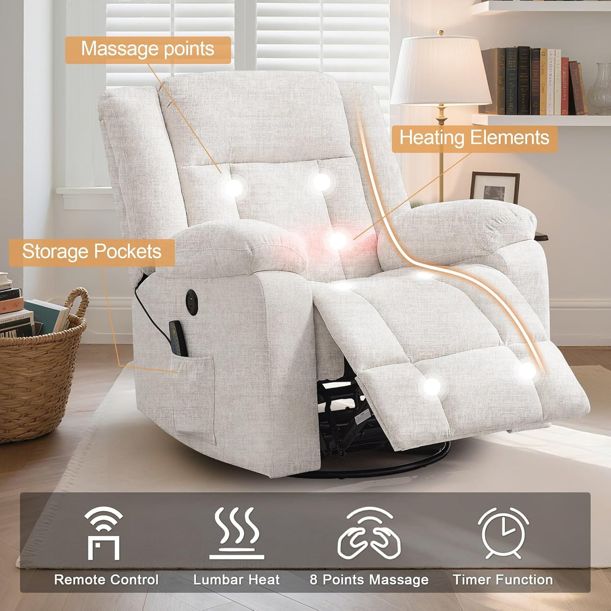 Korser Swivel Rocker Recliner Chair With Massage, Heating, USB Charging And Storage