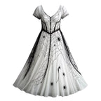 KICILVS Gothic Clothes For Women Black Spiderweb And Spider Print Flowing V Neck Long Maxi Dress Halloween Cosplay Gothic Party Dress