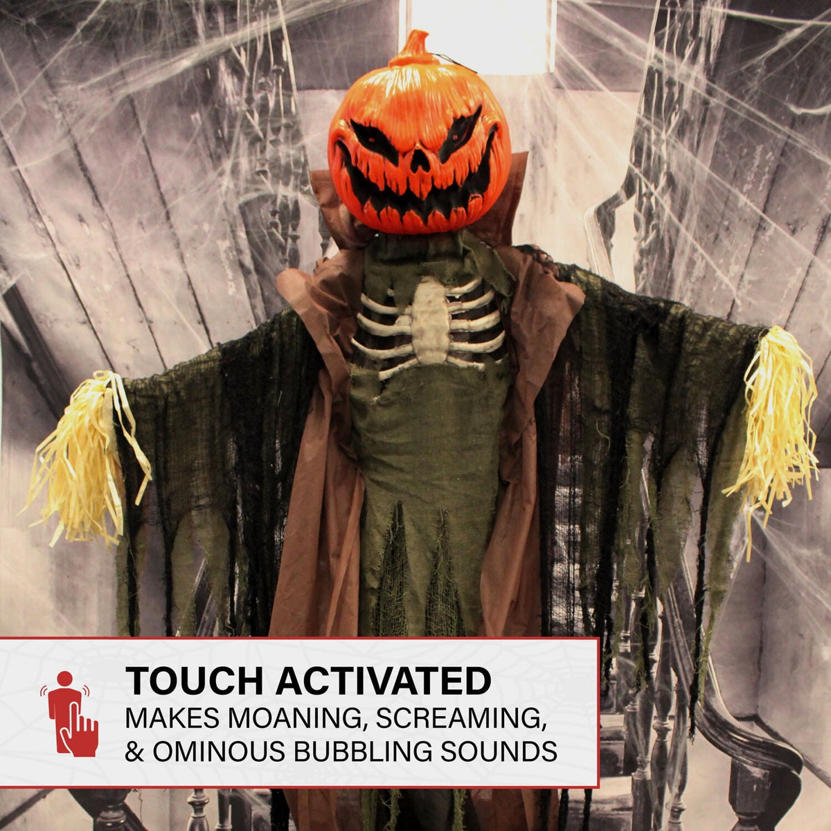 Haunted Hill Farm Life-Size Poseable 6.7-Ft. Pumpkin Scarecrow with Lights and Sound, Indoor or Covered Outdoor Halloween Decoration