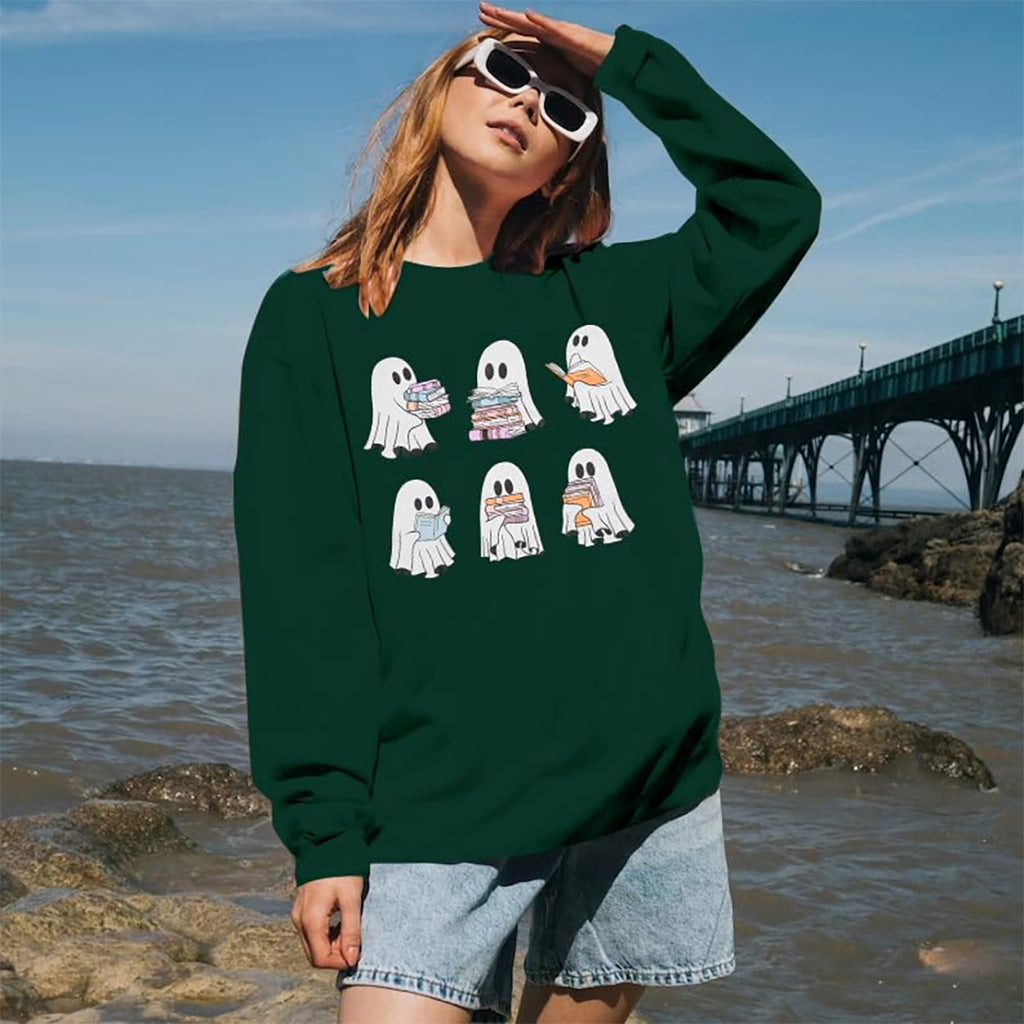 KimSoong Halloween Sweatshirts for Women Ghost Reading Books Sweater Cute Spooky Bookish Shirt Fall Pullover Tops