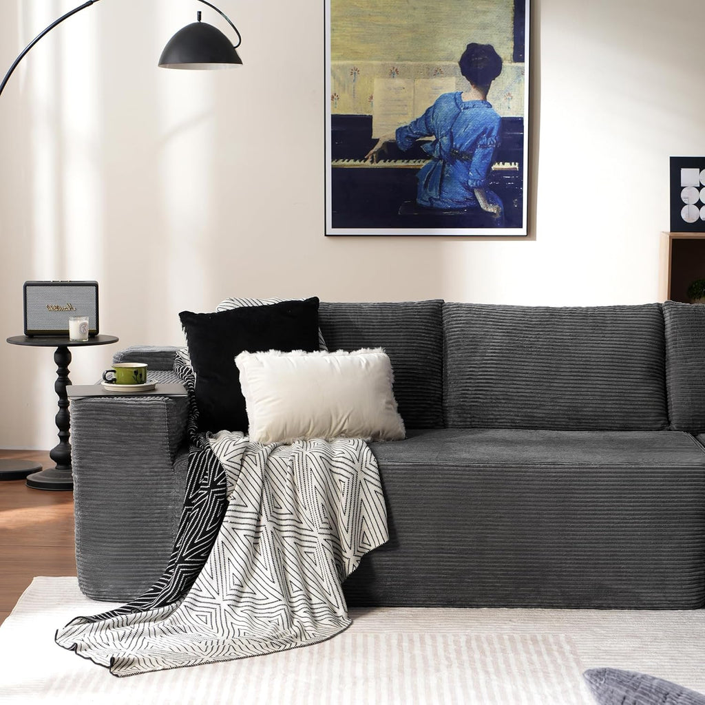 ovios 104in L-Shape Sectional Sofa With Chaise, Grey Plush Corduroy Fabric