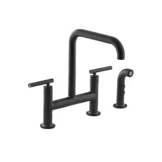 KOHLER Purist 2-Handle Bridge Kitchen Faucet With Side Sprayer, Matte Black - K-7548-4-BL