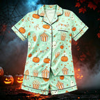 CUZIBR Girls Halloween Pajamas Sets Soft Comfortable Ghost Pumpkin Lapel Button Short Sleeve Shirt Elastic Waist Shorts 2 Pieces Sleep Loungewear Relaxed Sleepwear Outfits, Orange-C