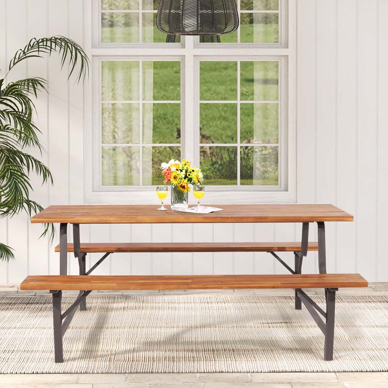 Acacia Wood Picnic Table Bench Set, 71in With 2in Umbrella Hole And Metal Frame