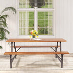 Acacia Wood Picnic Table Bench Set, 71in With 2in Umbrella Hole And Metal Frame