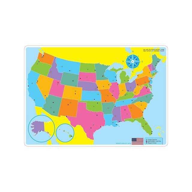 Ashley Productions US Map Learning Mats, Double-Sided, 12 x 17 inch, 10 Pack