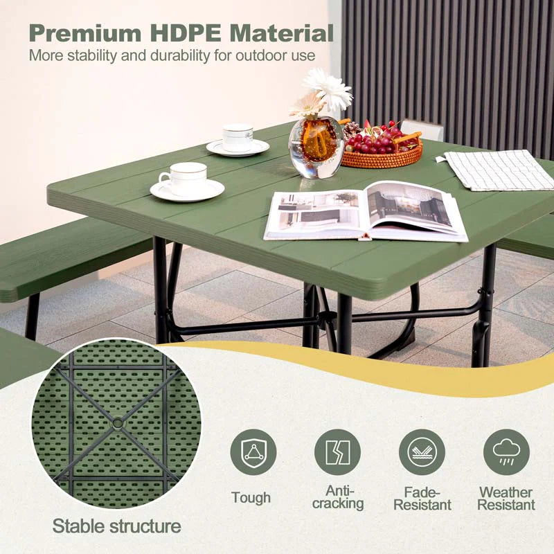 8-Person Outdoor HDPE Square Picnic Table And Bench Set, 67in x 67in x 30in, Metal Frame