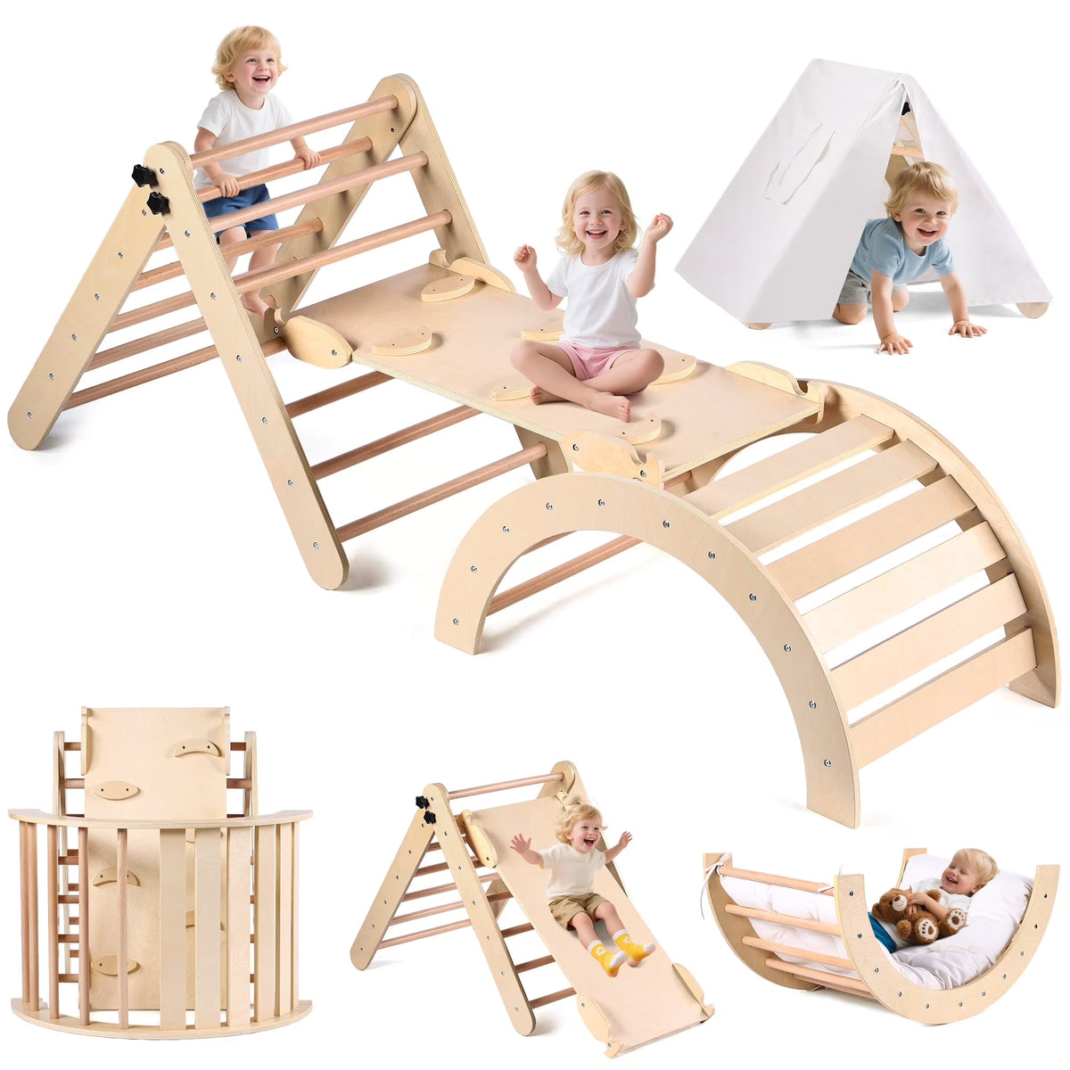 Lookfly 8-in-1 Foldable Pikler Triangle Climbing Set With Ramp - Natural-Color Or Multicolor