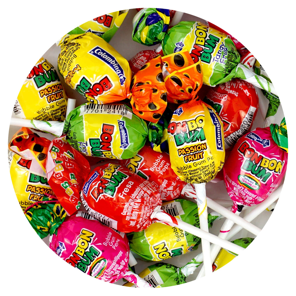 Bon Bon Bum Assorted Flavors Candy Lollipops, 1 Pound Bulk Candy (Approx. 22 pcs.), Individually Wrapped Lollipops with Bubble Gum Center, The Hampton Popcorn & Candy Company