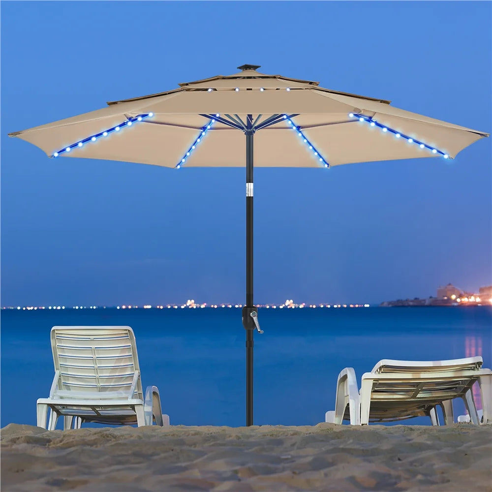 Renwick Outdoor Patio Parasol With Color-Changing LED Strip, Tan - 10 Ft