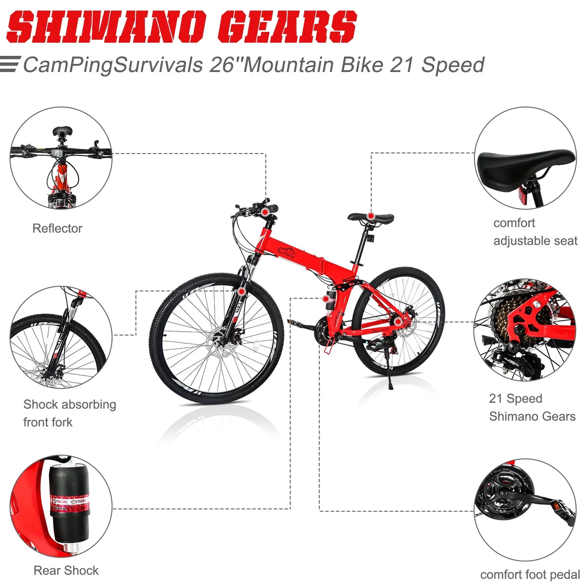 iRerts 26 Inch Folding Adult Mountain Bike, 21 Speed, Dual Disc Brakes, Red/Black