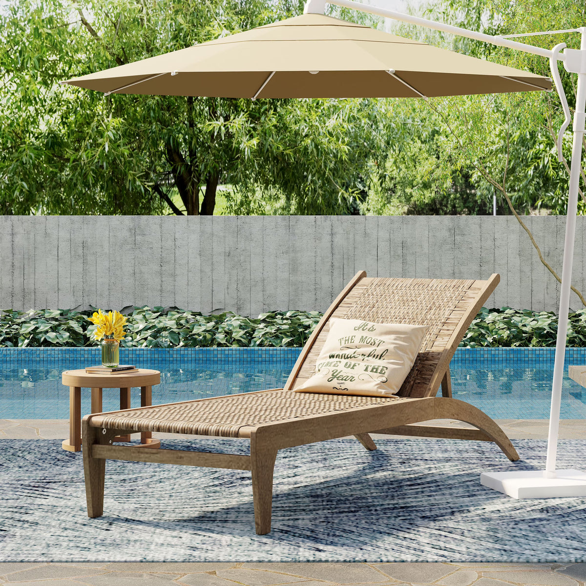 Outdoor Chaise Lounge, Single, Acacia Wood and Faux Rattan, Light Brown and Light Multibrown, 77.00 x 25.50 x 33.00 Inches - Shane