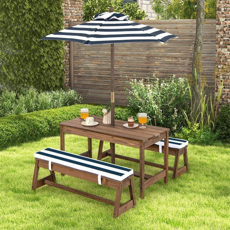 Wooden Kids Picnic Table Bench Set With Cushions And Height-Adjustable Umbrella - 35 in