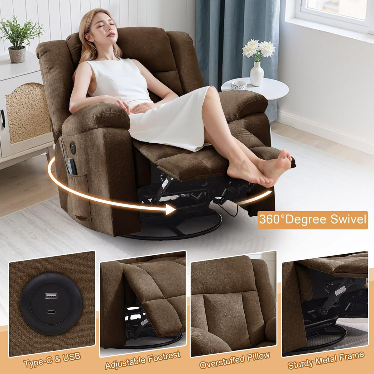 Korser Swivel Rocker Recliner Chair With Massage, Heating, USB Charging And Storage