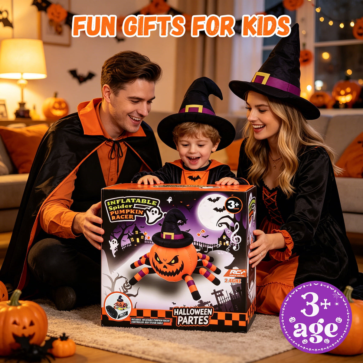 Firstness 2.4GHz Remote Control Car Halloween Inflatable Pumpkin Spider Blow ups Rc Car 360° Rotation, 3 Music and LED Lights, Aged 3+