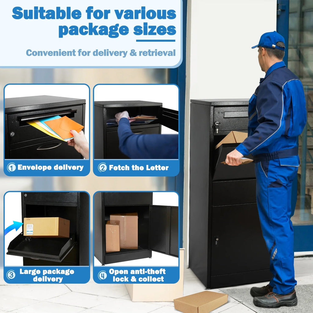 Gaonala Steel Package Delivery Box 19.6x14.4x44.9in Lockable Weather-Resistant Black