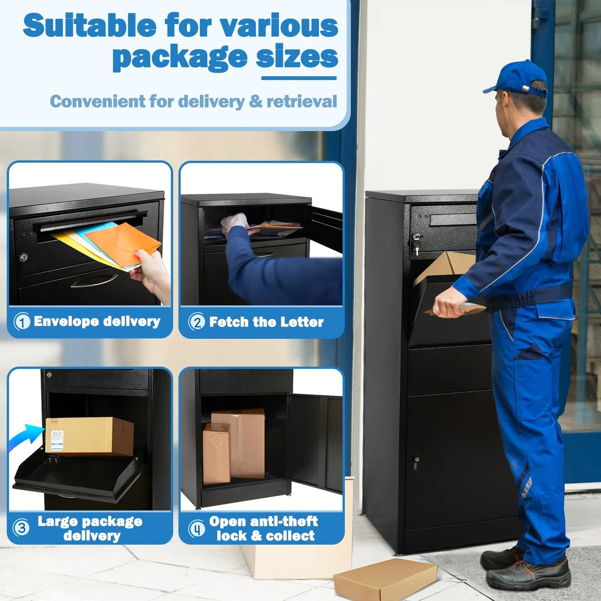 Gaonala Steel Package Delivery Box 19.6x14.4x44.9in Lockable Weather-Resistant Black