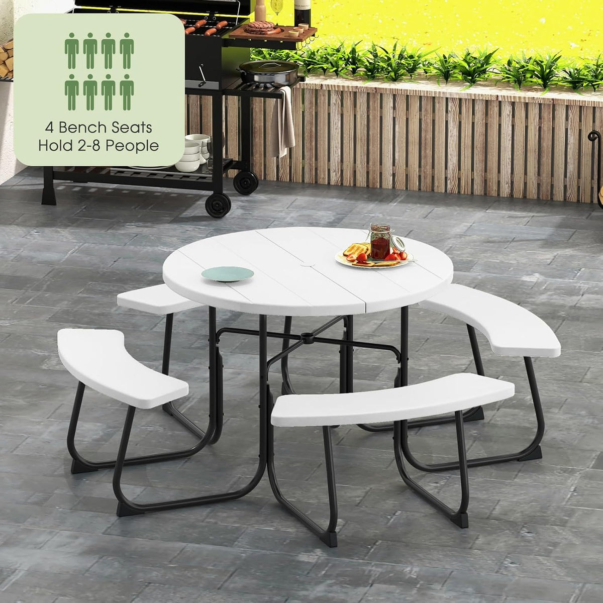 Giantex Round Outdoor Picnic Table And Bench Set, 43in, White, Up To 8 Persons