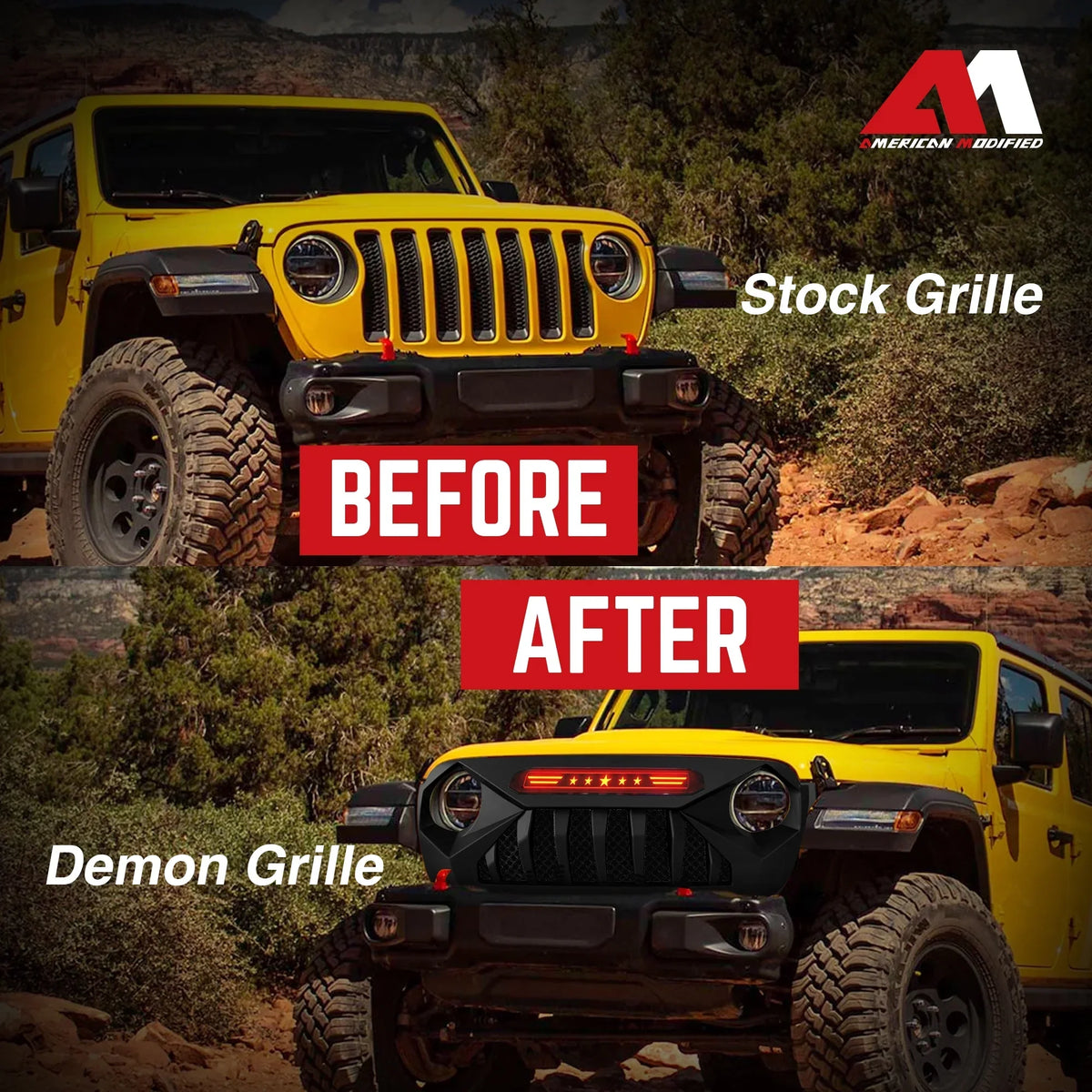 AMERICAN MODIFIED Demon Grille With Red Lights For 18-21 Wrangler/Gladiator