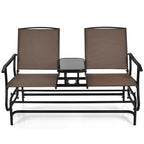 2-Person Outdoor Bench Glider Chair With Center Table, Mesh Fabric, 57 x 28 x 38 in