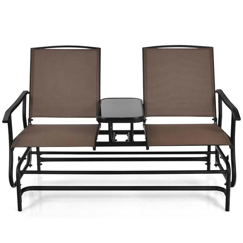 2-Person Outdoor Bench Glider Chair With Center Table, Mesh Fabric, 57 x 28 x 38 in