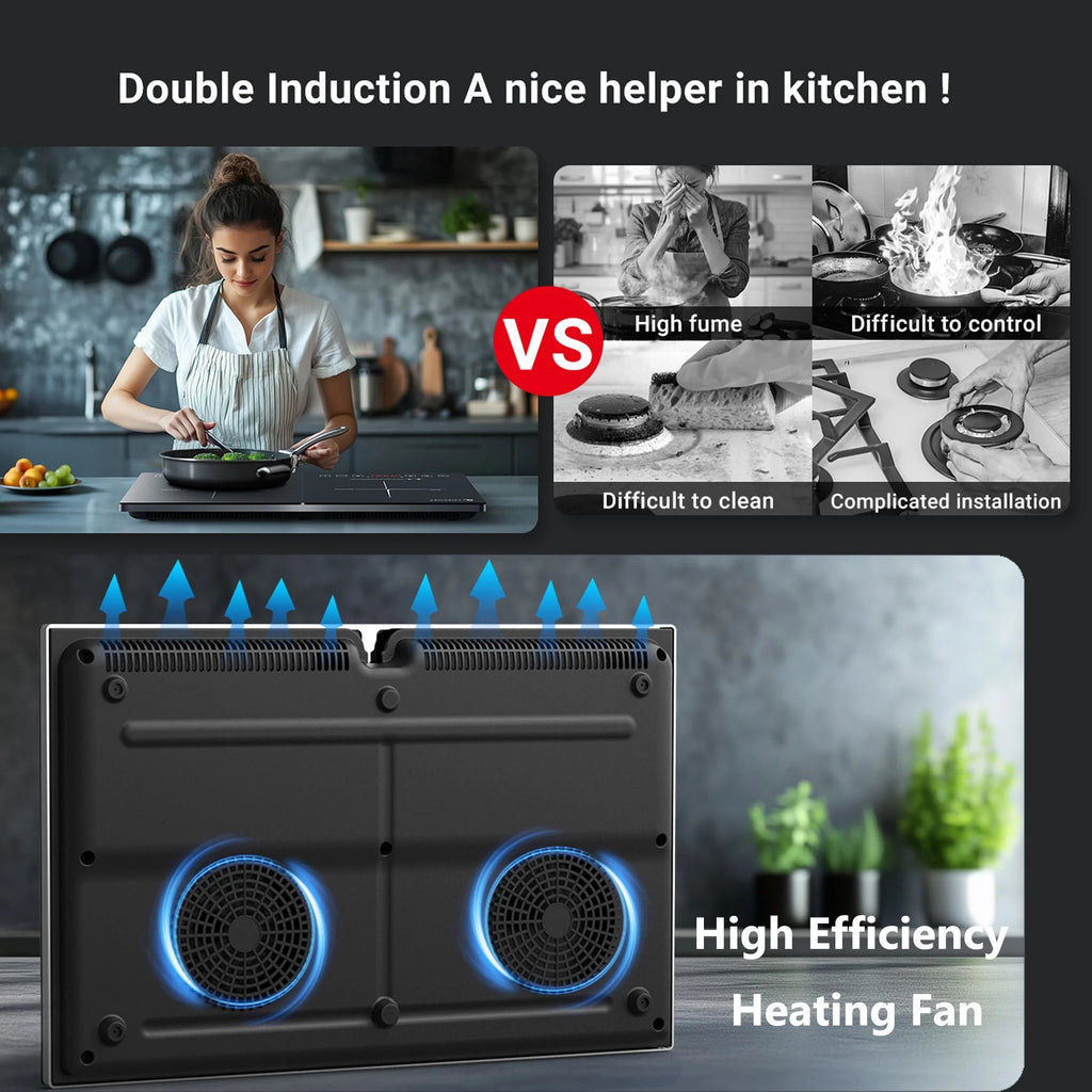 Aobosi Double Induction Cooktop With 2 Burners, 1800W, Black