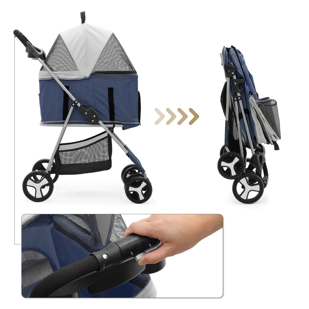 MoNiBloom 4-Wheel Foldable Pet Stroller, 33 lbs, Navy Blue