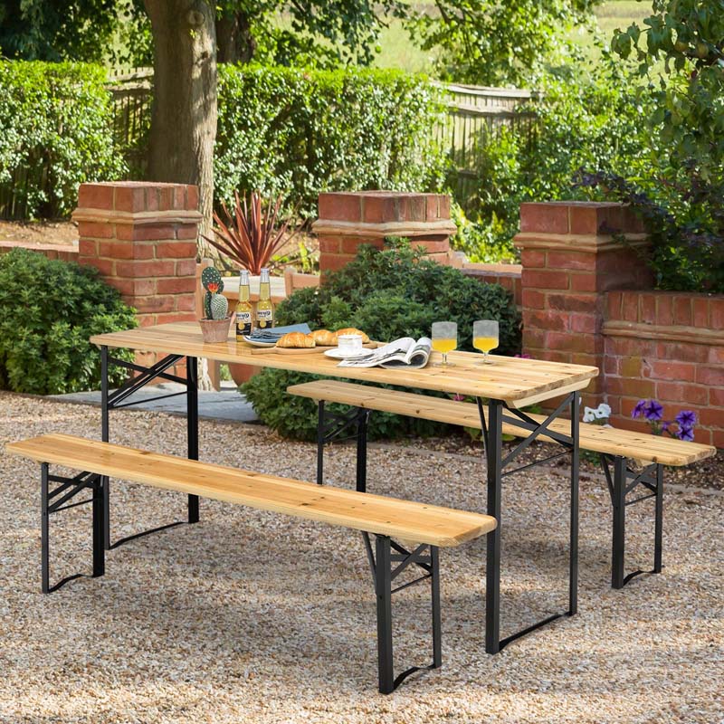 3-Piece Folding Picnic Table Bench Set, 70in Wooden Top - Black