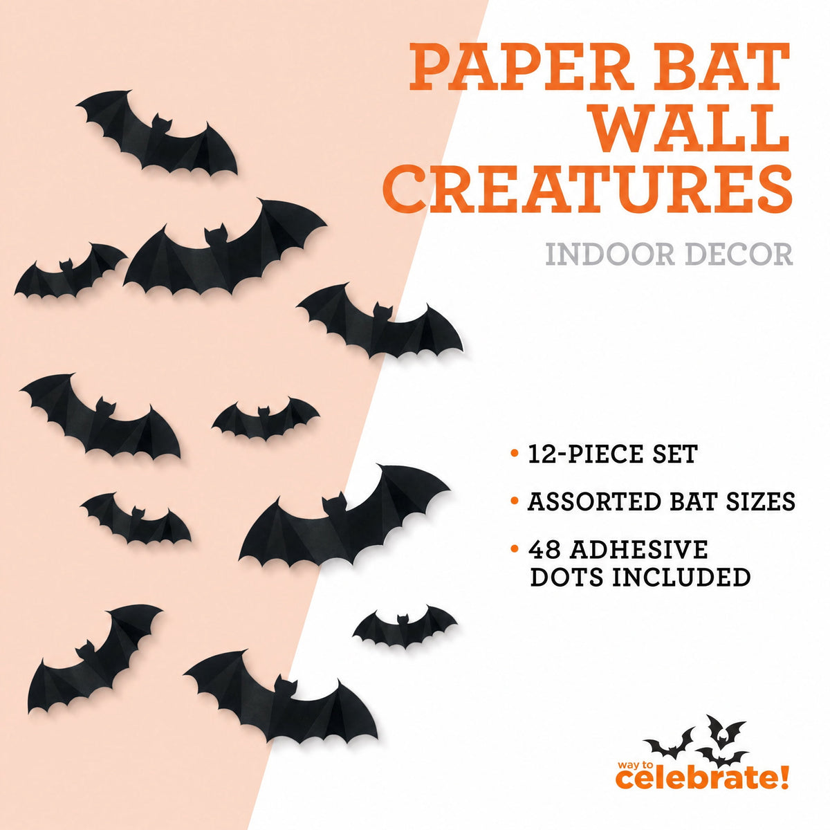 Paper Bat Wall Creatures Decoration, Black, 12 Pieces, Halloween by Way To Celebrate
