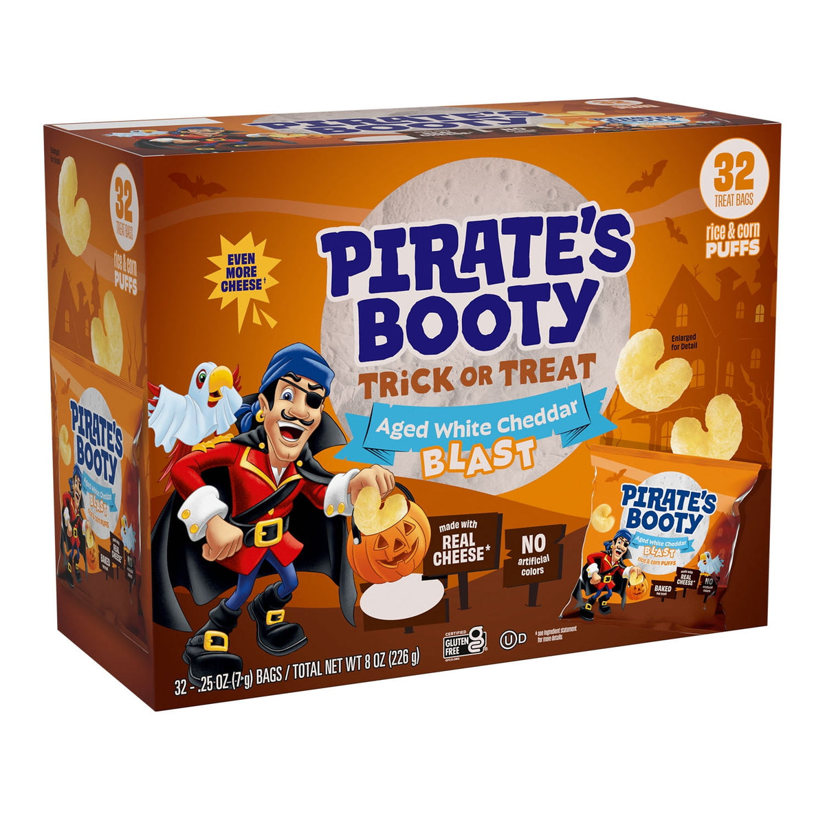 Pirate's Booty Aged White Cheddar Blast Cheese Puffs, Halloween Snack Bags, .25 oz (32 Count)