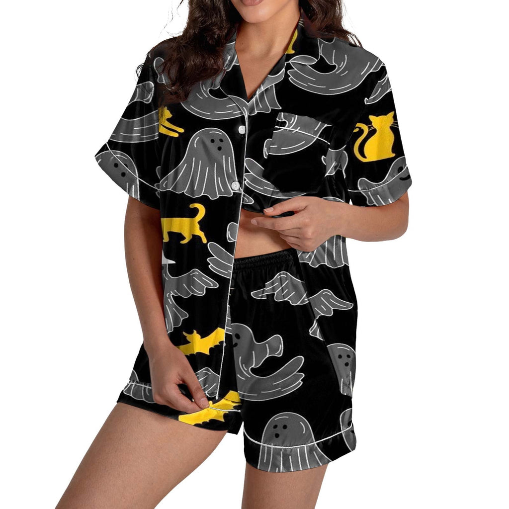 ChenYiFH Halloween Pajama Sets For Women 2 Piece Pumpkin Print Shirts And Pajamas Shorts Button Down Short Sleeve Sleepwear Black S
