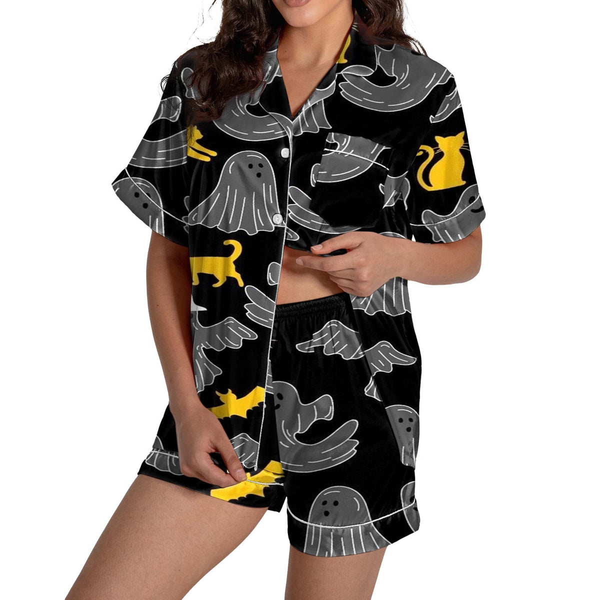 ChenYiFH Halloween Pajama Sets For Women 2 Piece Pumpkin Print Shirts And Pajamas Shorts Button Down Short Sleeve Sleepwear Black S
