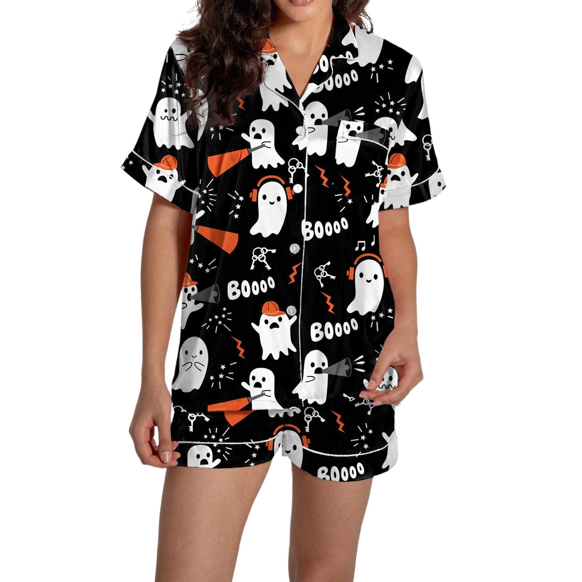 ChenYiFH Halloween Pajama Sets For Women 2 Piece Pumpkin Print Shirts And Pajamas Shorts Button Down Short Sleeve Sleepwear Black S